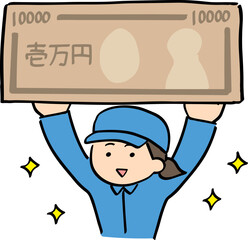 1万円を持って喜んでいる作業服＆帽子の若い女性(上半身)