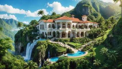 Fototapeta na wymiar Lavish mansion set in a tropical landscape with waterfall, mountains, blue sky and white clouds. AI generated. Wealthy home in a mountainside.