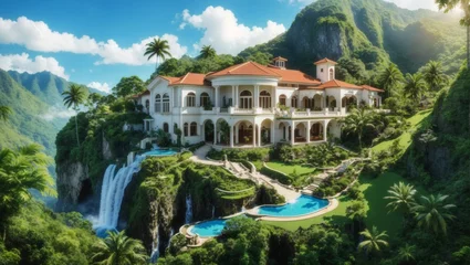 Selbstklebende Fototapeten Lavish mansion set in a tropical landscape with waterfall, mountains, blue sky and white clouds. AI generated. Wealthy home in a mountainside. © timarowland
