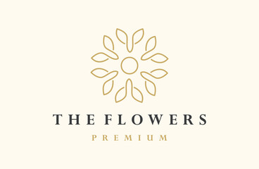 Fototapeta na wymiar Luxury vector logotype. Linear universal leaf flower logo