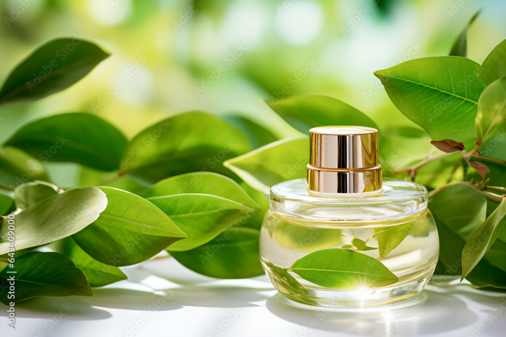 Wall mural Closeup of a bottle of makeup with bokeh in the background and greenery, mock up