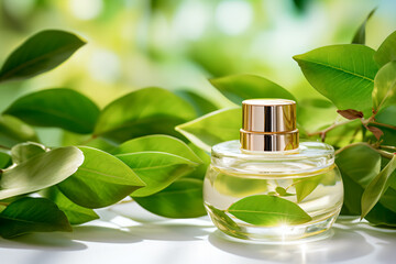 Closeup of a bottle of makeup with bokeh in the background and greenery, mock up