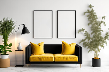 Two vertical empty black frames, a yellow chester velvet sofa, plants in pots and baskets, lamps, and an empty white floor with a white wall serve as the background in this mock-up of a living room