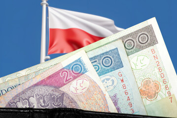 Polnische Flagge, Geldbörse und Geld Polnische Zloty PLN