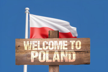 Polnische Flagge und Schild Willkommen in Polen - obrazy, fototapety, plakaty