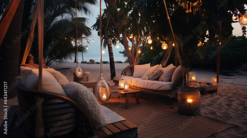 Wall mural cozy luxury resort, evening beach, candles blurred light on table ,sofa, hammock on front sunset sea