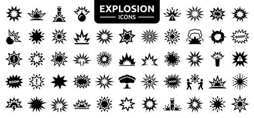 Explosion icon set. Containing explode, bomb, boom, blast, bang, burst and explosive weapon icons. Solid icon collection. Vector illustration. - obrazy, fototapety, plakaty