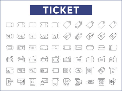 Simple Set of Ticket Related Vector Line Icons. Vector collection of shopping, e-commerce, sales, transport, travel, label, coupon, paper, seat, pass and design elements symbols.