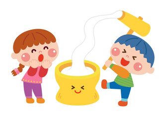 もちつきをする子どもたちのイラスト