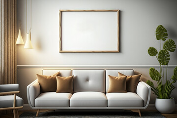 mock-up picture frame in the living room, pleasant decor with beautiful furniture,. Generative AI