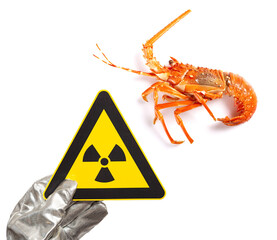 nuclear radiation warning sign and a lobster concept of unsafe seafood