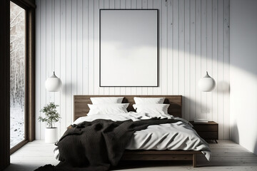 Mock up of a minimalistic bedroom with a double bed next to a wooden wall that has a horizontal poster hanging on it. Generative AI