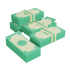 Pack of green paper currency. Set of 3D render stack of dollar US. Money dollar banknote in cartoon style isolated. Vector illustration