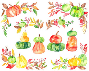 水彩画。水彩タッチの秋のカボチャ。ハロウィン水彩植物イラスト。Watercolor painting. Fall pumpkins with watercolor touch. Halloween watercolor plant illustration.