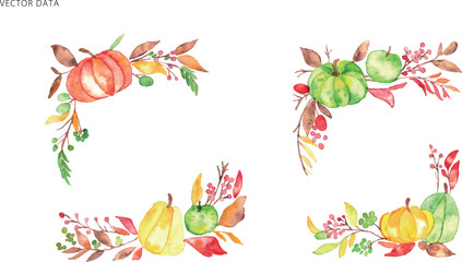 水彩画。水彩タッチの秋のカボチャ。ハロウィン水彩植物イラスト。Watercolor painting. Fall pumpkins with watercolor touch. Halloween watercolor plant illustration.