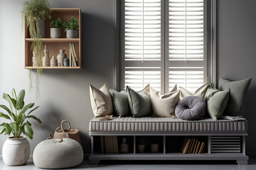 Bench-and-cushion window. bookshelf, decorations, wooden venetian blinds. Gray walls for text copy. modern decor. Generative AI