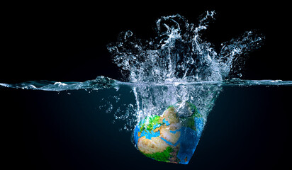 Earth globe in water . Mixed media