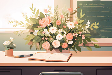 Teacher's Day flower illustration in front of the blackboard, back-to-school education background