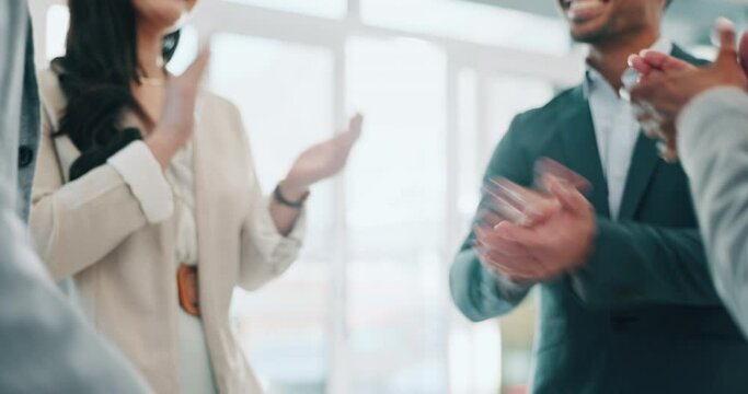Business people, handshake and applause in meeting, thank you or promotion in teamwork at office. Group of employees shaking hands and clapping in team hiring, recruiting or greeting at workplace