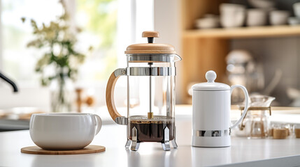 Bright white and well lit kitchen with french press coffee maker