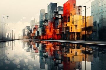Urban Architecture Merging Into Abstract Pixelation, Generative AI 