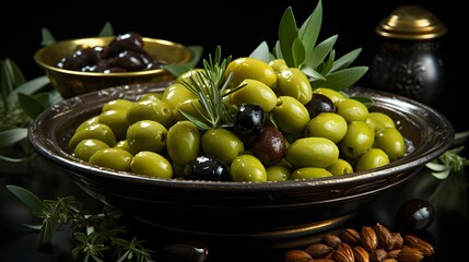 Green olives in a bowl Generative AI