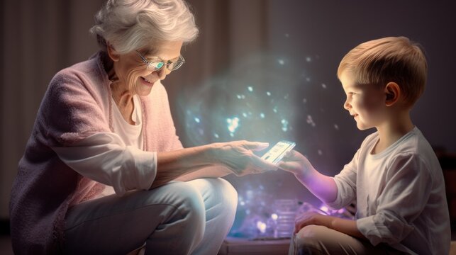 A loving grandmother gifts her grandson a cold cryptocurrency wallet, symbolizing the fusion of traditional family values with the modern era of digital finance and blockchain technology