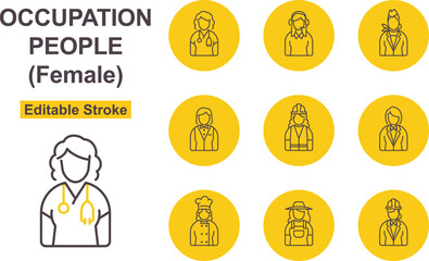 Various Types Of Occupation People Thin Line Art Icon Set - Female. Editable Stroke. Icon Includes Such As: Female Doctor, Flight Attendants, Waitress, Female Chef. Female Architect. - obrazy, fototapety, plakaty