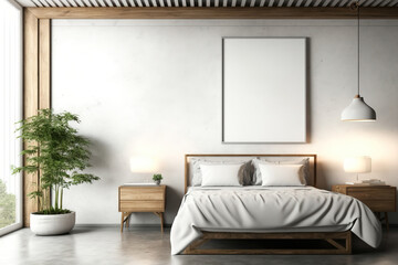 Contemporary hotel bedroom décor with concrete, wood, and an empty, white mock-up poster. notion of design. Generative AI