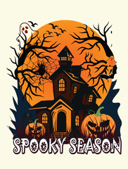 Spooky season, Halloween T-shirt design vector scary night horror night Ghost house