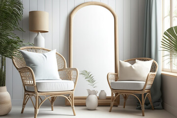 Coastal-style room in light pastel hues with rattan furniture, mock-up frame in interior background. Generative AI