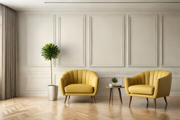 Fototapeta premium Living room interior wall mock up with yellow armchair on empty cream color wall background.