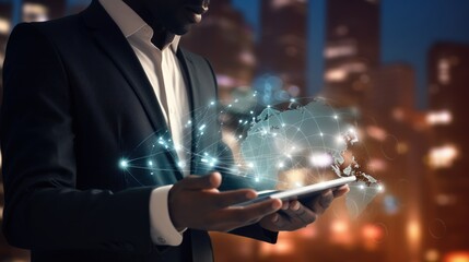handsome black african american businessman holding smart tablet screen in hands analyzing the world economy stock market. holographic web design. city skyscrapers in blurry background. Generative AI