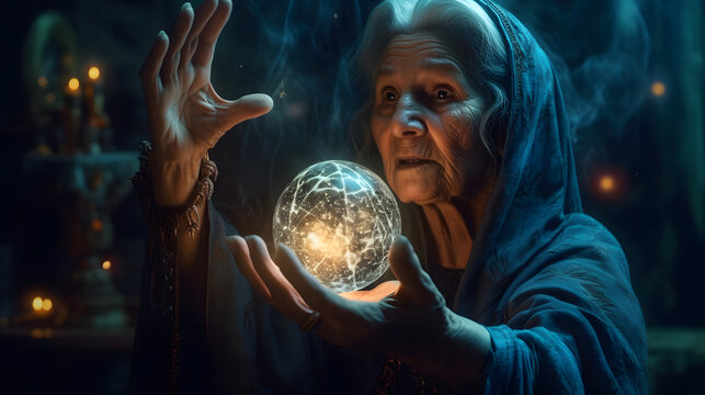 Enchanting Mystique: Stock Photo of an Old Woman with a Magic Ball in a Celestial Setting.