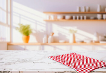 Marble counter table on blurred kitchen background. can be used mock up for montage products display or design layout.