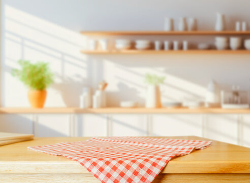 Wood table top on blurred kitchen background. can be used mock up for montage products display or design layout.