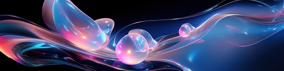 Pearlescent neon transparent waves and spherical bubbles for your background. AI Generation 