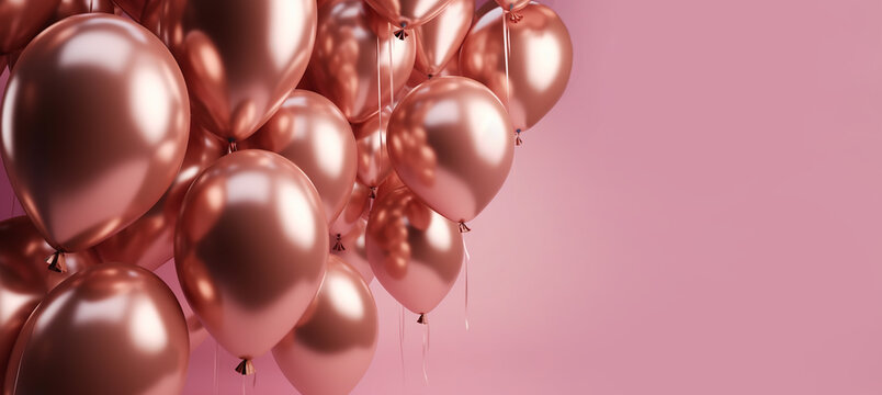 3d of bunch of rosegold balloons and ribbons, serpentine, gold confetti. Vector illustration for card, Birthday , New year , Mer chist mast party and celebration .An Event .