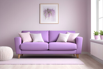 Minimalist living room with sofa and artwork of pastel gentle calming lilac and light purple