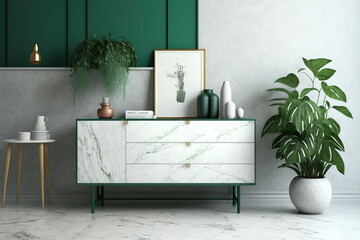 White-green Japanese living room. Wooden dresser with wall mockup. Marble floor, wallpaper. Modern interior design, illustration. Generative AI