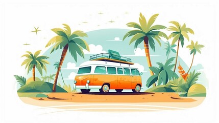 Van on the beach with palm trees illustration AI Generated