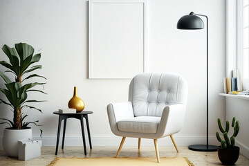 Interior poster mockup living room with armchair on empty white wall,. Generative AI