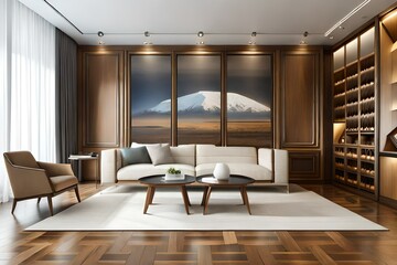 Modern interior of living room with brown wooden wardrobe and chairs panoramic 3d rendering