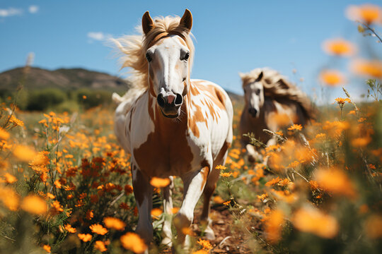 photo of a horse running in a flower field
