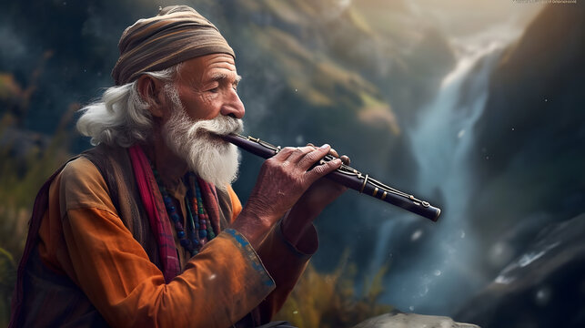 Harmony by the River: Stock Photo of an Old Man Playing Flute in a Serene Riverside Setting