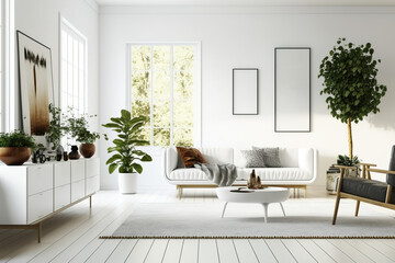contemporary white living room. Generative AI