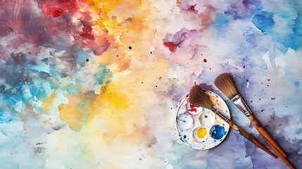A spectrum of watercolor paints and a paintbrush on an artist's palette
