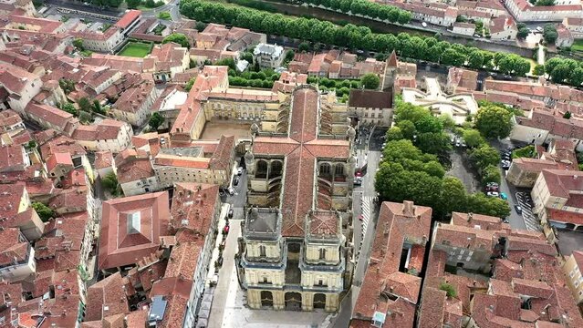Drone shot, drone video, drone flight, aerial view, flight around the Gothic Cathedral of Our Lady (Cathedrale Sainte-Marie), close-up, historic old town of Auch, Gers department, Occitanie, France
