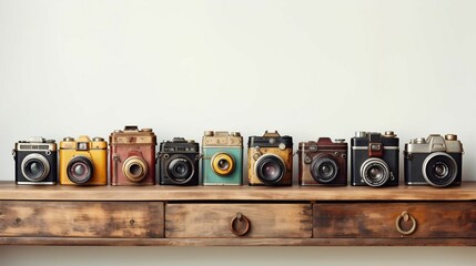 A vintage camera collection displayed on a wooden table.cool wallpaper	 - obrazy, fototapety, plakaty