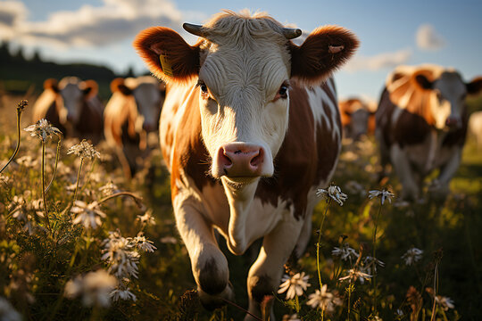 photo of a cow running in a flower field